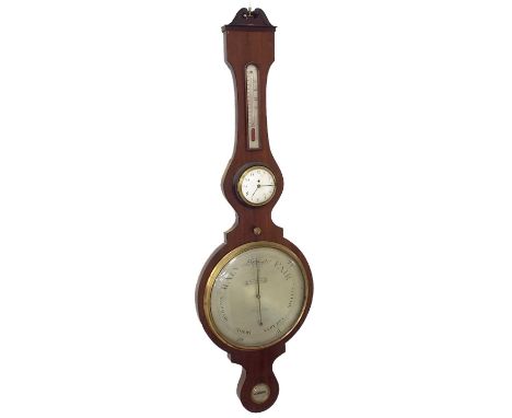 Large mahogany four glass banjo clock barometer, the 4" white enamel convex clock dial with Arabic numerals over the 12" circ