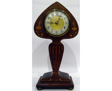 Early 20th century mantel clock, the silvered circular dial set in Art Nouveau design mahogany case, with inlaid decoration, 