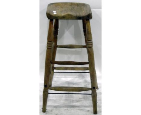 Old high stool with shaped seat, on turned legs united by stretchers and four pine chairs (5) 