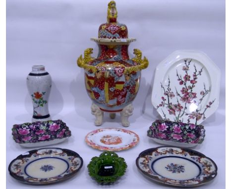 Japanese Satsuma two-handled vase with cover, the handles as of dogs of Fo, with dog of Fo finial and various other decorativ