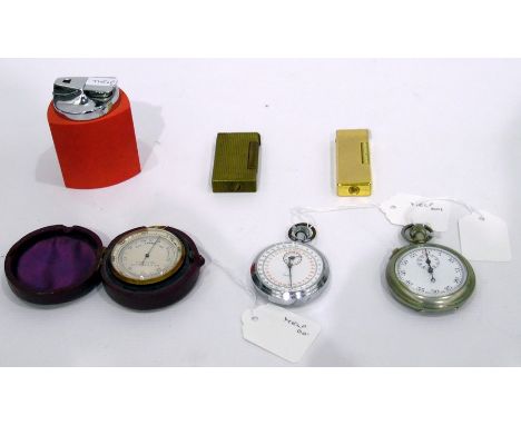 Brass cased pocket barometer made by Clarkson, 109 Victoria Street, S.W., two metal cased stopwatches, a bakelite Ronson tria