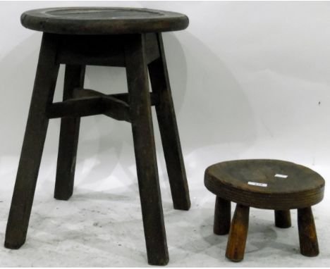 Elm stool with circular top, on short turned supports and a second stool with dished top (2) 