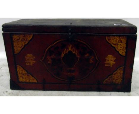 18th century pine Nepalese chest, the ring turned hinges, the front with painted oriental design, width 86cm 