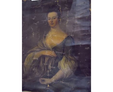 Late 18th/early 19th century school Oil on canvas Portrait of woman holding flower, 88cm x 69cm approx (unframed) 