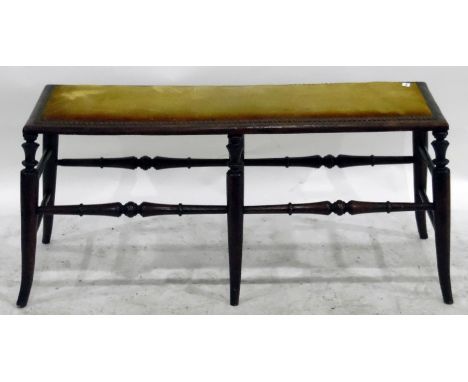 Victorian mahogany framed stool with studded upholstered rectangular top, on turned splayed legs united by stretchers, length