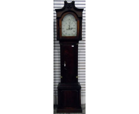 Oak and mahogany longcase clock, the hood with swan-neck pediment, the arched enamel dial with eight-day striking movement, s