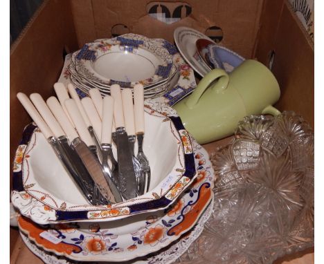 Dessert service by James Kent including pudding bowl with matching bowls, other vintage plates, pressed glass dish, part tea 