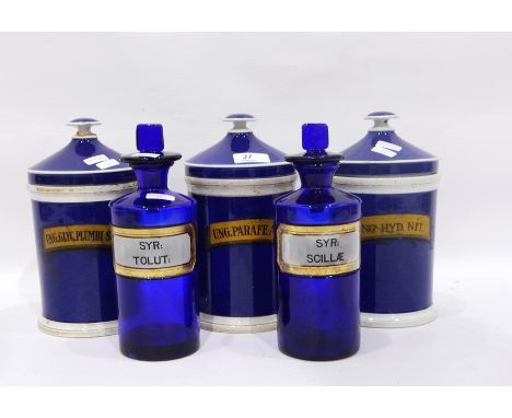 Various pharmaceutical bottles, three ceramic and two blue glass (5)
