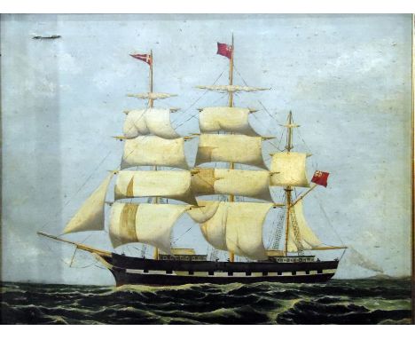 19th century English schoolGouache Ship's portrait off coast, unsigned (tear to top left of canvas), 58cm x 74cm 