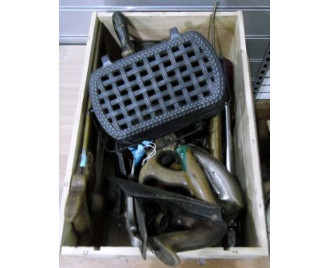 Quantity of vintage tools including planes, saws, screwdrivers, flat irons, leather cased tape measure and a reproduction Vic