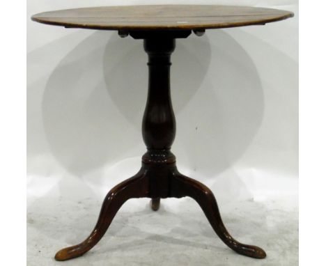 19th century oak circular top tripod table on turned baluster column, with splayed legs, diameter 76cm 