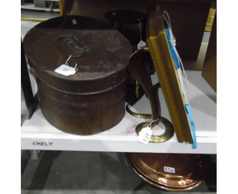Large copper and wood warming pan, metal trivet, brass model of a spitting cobra, a tin hat box and an oil print of chickens 