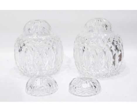 Pair of heavy cut glass light shades, ovoid with cross and oval cutting and a pair of cut glass light sconces (4) 