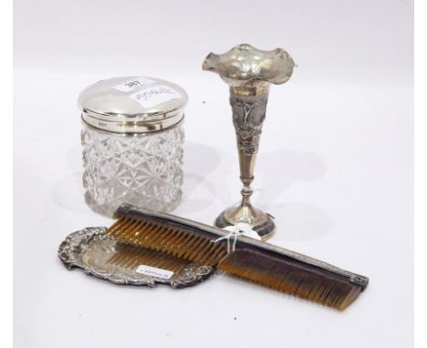 Silver trumpet-shaped vase "27 years", "to Mr & Mrs F R Mold", a silver-mounted comb, a silver lidded glass pot and a trinket