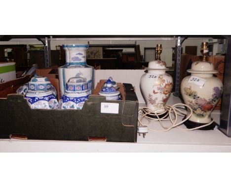 Various oriental style ceramic ginger jars, a large vase and two oriental style ceramic table lamps on wooden bases 