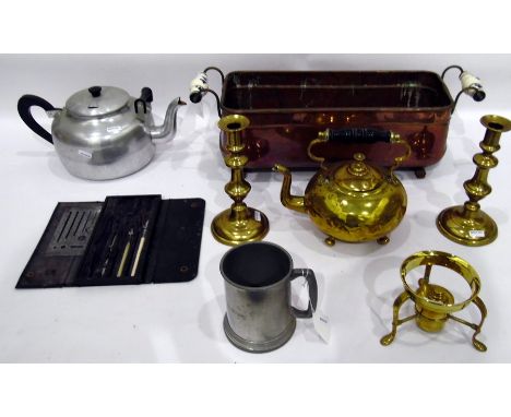 Brass kettle on stand, pair of brass candlesticks, copper and brass tea urn, copper planter, stainless steel kettle, etc 