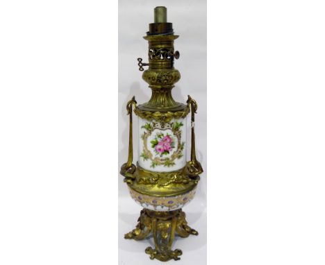 Continental ormolu-mounted porcelain lamp with fittings, by Bright Late Arcand & Co, Bruton Street, having cylindrical white 