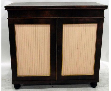 19th century rosewood side cabinet, the pleated silk panel doors enclosing shelf, raised on bun feet, width 97cm 