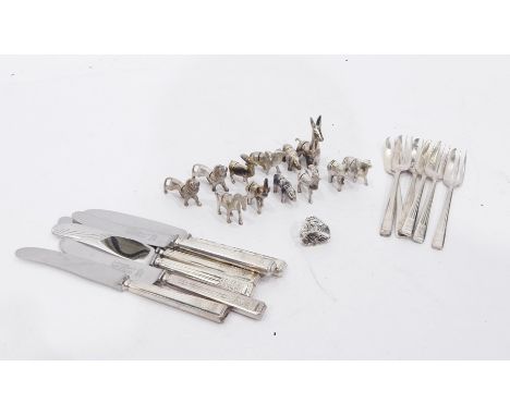 Quantity of plated sets of table flatware, some cased, including dessert knives and forks, plated peppermill, silver scarf ri