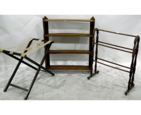 Old towel horse, a four open shelf bookcase and a folding stand (3) 