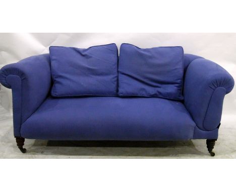 Two-seater sofa upholstered in purple fabric, on short turned supports 