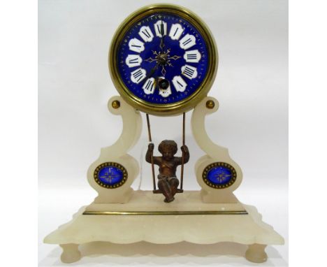 19th century French mantel clock, the circular enamel dial painted with Roman numerals, on a blue enamel ground, on alabaster