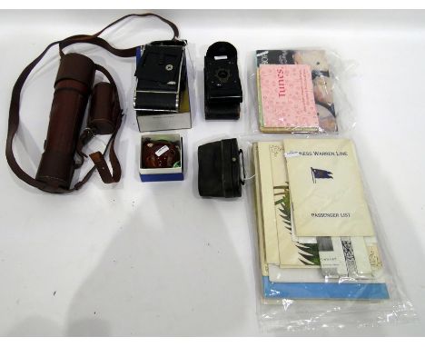 Expanding eye glass, pair of opera glasses, camera, Victorian box, china pomander, Voigtlander camera with instruction book, 