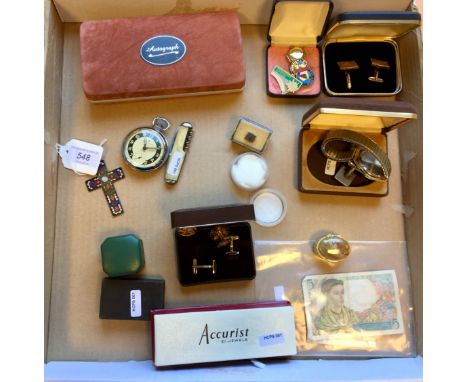 Ingersol 'Triumph' nickel plated pocket watch with subsidiary seconds dial, quantity of gent's cufflinks, continental enamel 