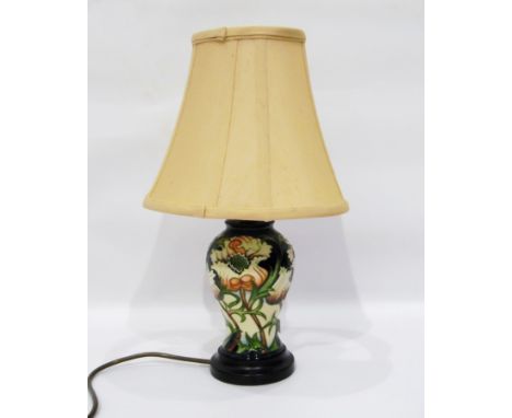 Moorcroft vase turned into a table lamp with cream shade, on a wooden plinth base, 40cm high 