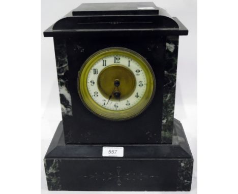 Late Victorian slate and green marble mantel clock with ivorine dial 