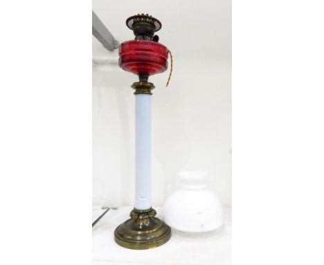 Cranberry, white opaline and brass oil lamp, the cranberry cut well with faceted sides, white plain column on brass petal, ci