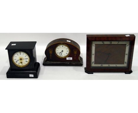 Edwardian mahogany mantel clock with painted decoration, a slate mantel clock and an Art Deco walnut mantel clock of square f