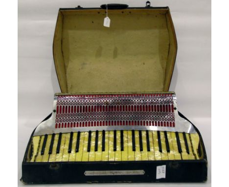 Antoria-S.I.L.A. Omega accordion in bakelite and chrome, decorated, within its original leather carry case 