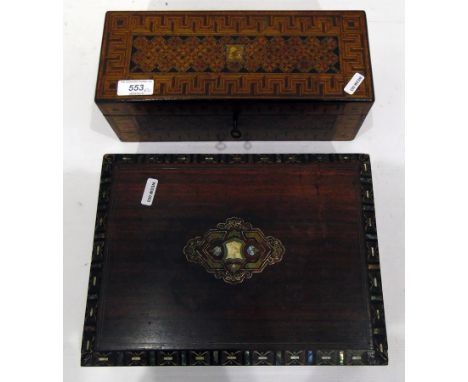 Victorian parquetry glove box, the hinged cover and front decorated with central geometric panel within a Greek key border, 2