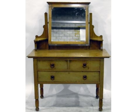 Early 20th century pale oak mirror-back dressing table, with two short and long drawer, on turned supports, copper plated rin