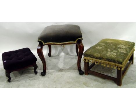 Victorian upholstered top stool on cabriole legs, an oak framed stool and a small Victorian buttoned upholstery stool (3) 
