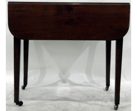 19th century mahogany Pembroke table, curved corners, single end drawer with ring handles, on square tapering supports, 94.5c