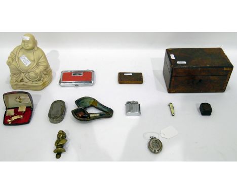 Large quantity of collectables including a pipe holder, a lighter, a brass miniature knocker, penknives, boxes, keys, a woode