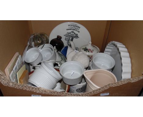 Assorted ceramics including a ceramic trivet marked Day & Millwood, Birmingham, various ramekins, pie dish, etc (1 box) 