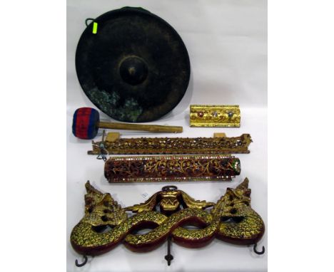Antique Buddhist metal temple gong with wooden handled striker and gilded wood and glass inset, suspension bracket in the for