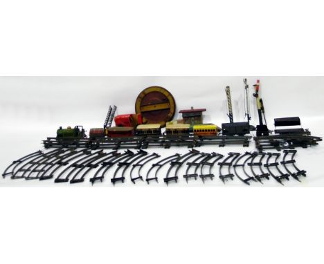 Hornby '0' gauge tinplate clockwork locomotive LNER 0-4-0, passenger carriages, tinplate rolling stock by Brimtoy, Bing, etc.