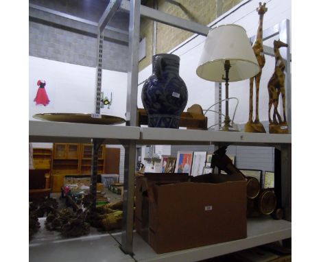 Standard lamp, wooden model giraffes, a pottery jug, a modern barometer, assorted prints, a mirror and decorative items 