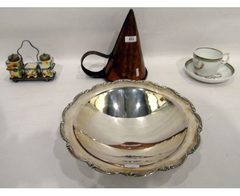 Antique copper ale warmer, conical, EPNS and ceramic condiment set, a Victorian cup and saucer, 1857 and an EPNS shallow frui