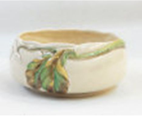 Studio pottery stoneware dish, oval with grey and brown glaze and Clarice Cliff pottery bowl, foliate relief decorated in bro