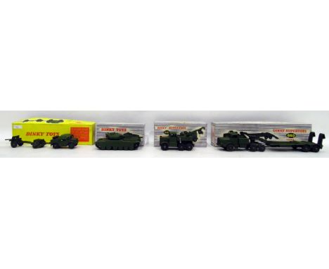 Dinky Supertoys tank transporter, no.660, a recovery tractor, no.661, Centurion tank, no.651 and a 25 pound field gun set, no