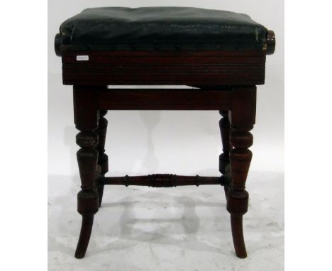 Mahogany and leather seated adjustable piano stool on turned supports and stretchers 
