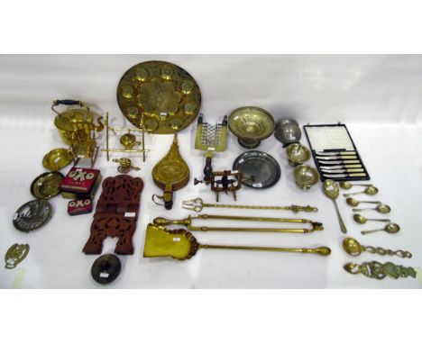 Silver plated circular pedestal tray, quantity of silver plate and assorted metalware to include a Middle Eastern tray, fire 