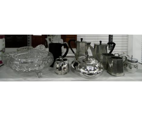 Assorted silver plate, glassware and Royal Worcester and a pottery croc (15) 