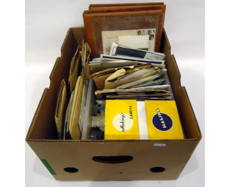 Quantity of postcards, First Day Covers, Helinia camera and other photographic items, watch, loose coinage, etc (1 box) 