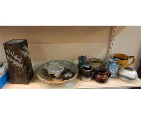 Assorted studio pottery to include a Tuson ceramic circular globular vase, hand decorated with '22ct gold' highlighted decora